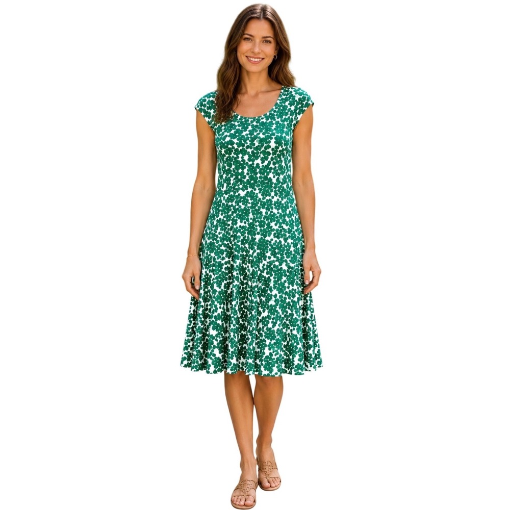 Boden Green White Floral Cap Sleeve Fit Flare Knee Length Jersey Dress US 4R